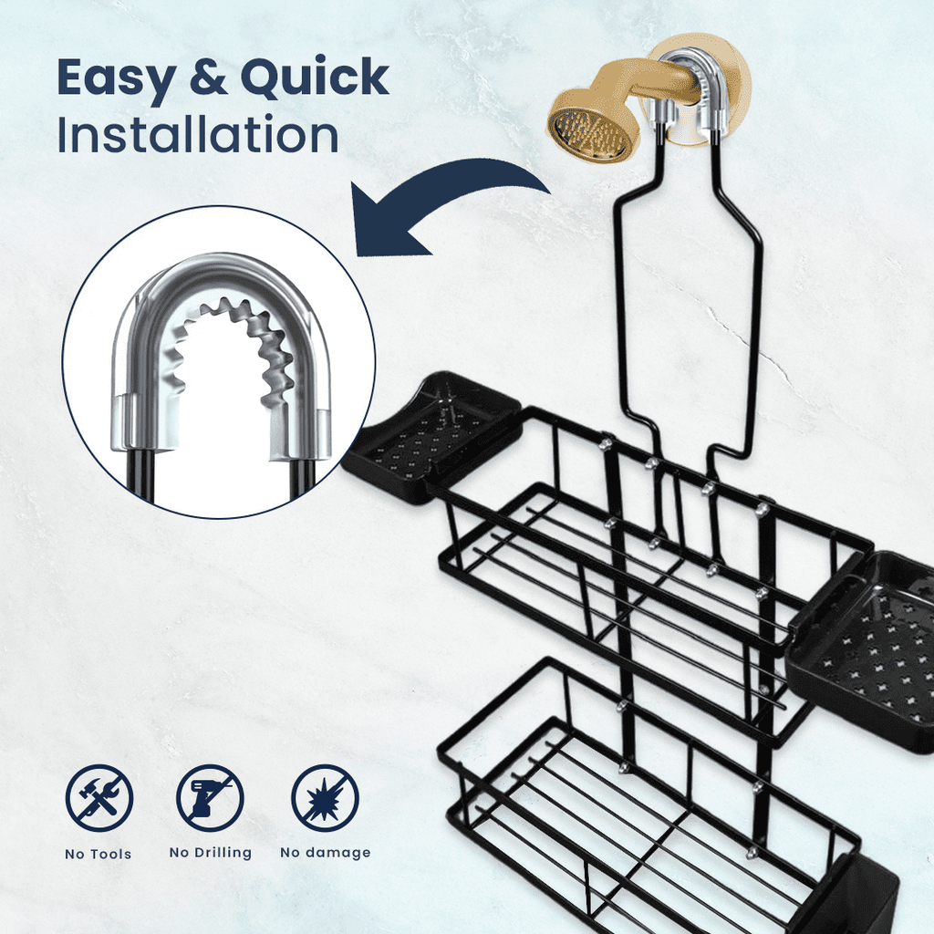 Caddy (Black) Rustproof, No-Drill Organizer with 2 Soap Dishes, Toothbrush Holder, 4 Hooks, Fits Over head. - Image 5