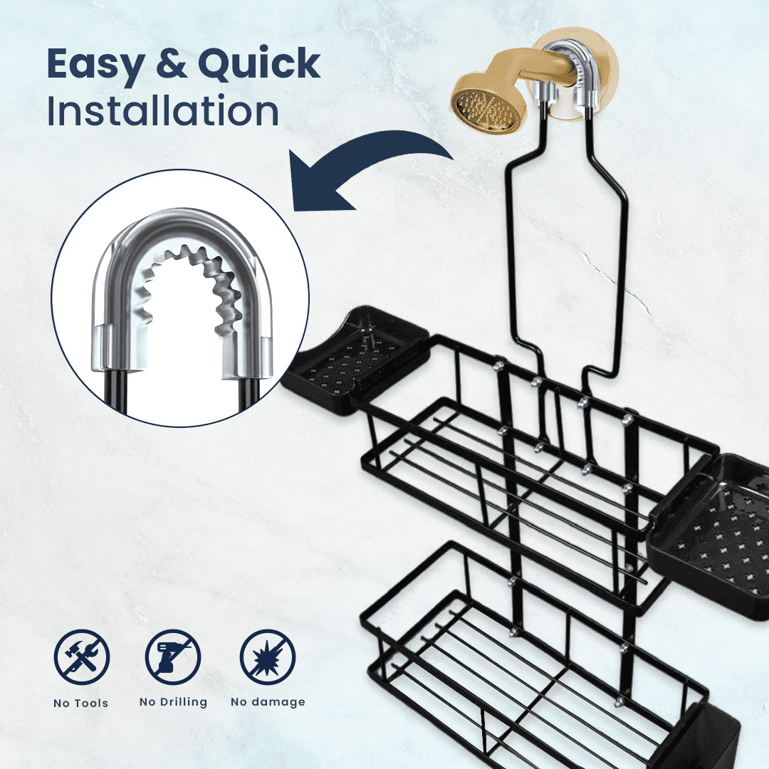 Caddy (Black) Rustproof, No-Drill Organizer with 2 Soap Dishes, Toothbrush Holder, 4 Hooks, Fits Over head. - Image 5