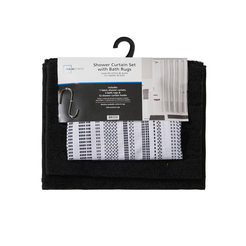 15-Piece Black & White Stripe Bathroom Set Shower Curtain, Bath Rugs & Hooks, Modern Washable Polyester - Image 6