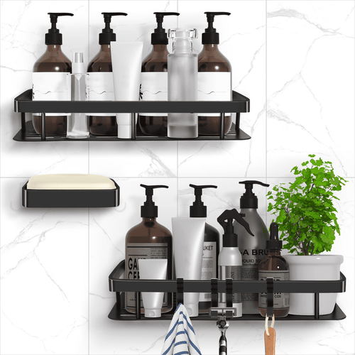 2 Pack Adhesive Shower Caddy Bathroom Shower Shelves with 4 Hooks, Space Aluminum Shower Organizer - Rustproof Waterp...