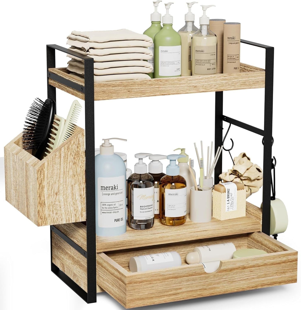 Gijjgole 2-Tier Bathroom Counter Organizer with Drawer and Basket, Wood Countertop Organizer for Storage, Skincare Organizers for Vanity, Co