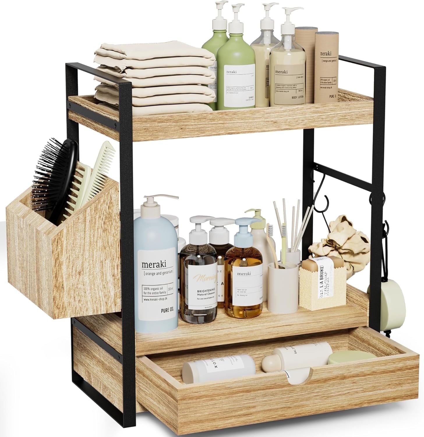 Gijjgole 2-Tier Bathroom Counter Organizer with Drawer and Basket, Wood Countertop Organizer for Storage, Skincare Organizers for Vanity, Co