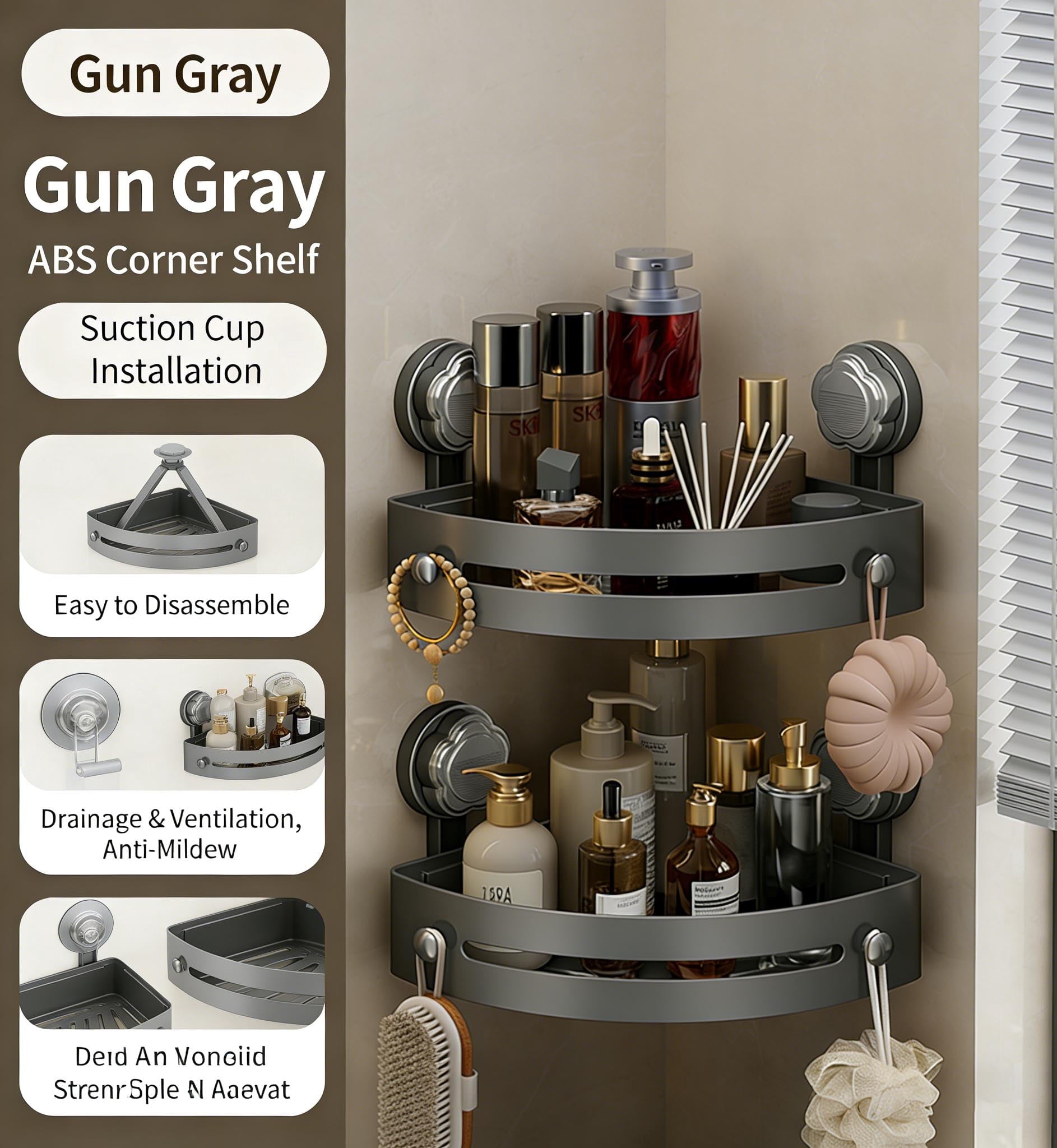 2-Tier Caddy with Powerful Suction Cups, No Drilling Bathroom Organizer, Removable Rustproof Waterproof Shelf for Spa...