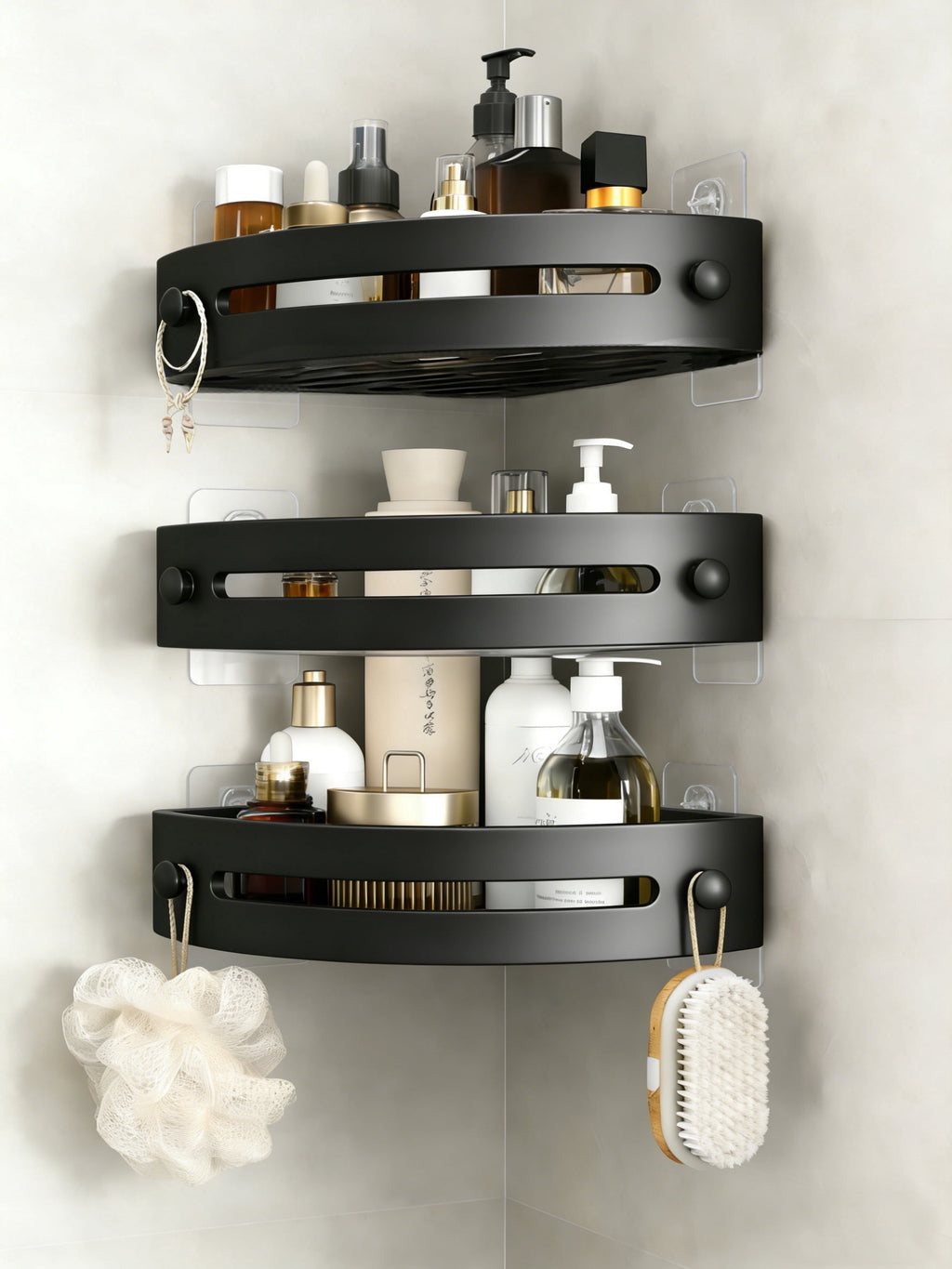 3-Tier Shower Corner Shelf, Adhesive and Screw Mount Bathroom Corner Shower Caddy Organizer, PP Material Hooks Space-...