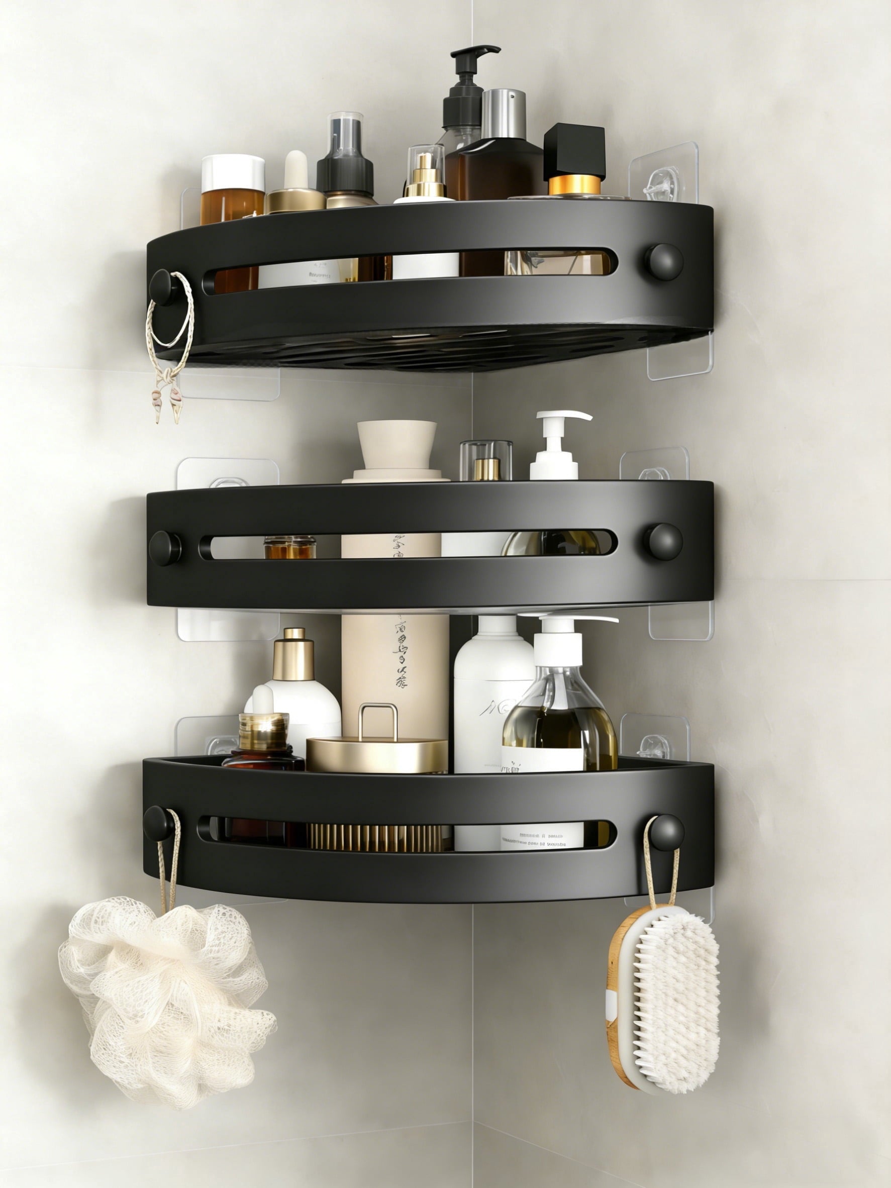3-Tier Shower Corner Shelf, Adhesive and Screw Mount Bathroom Corner Shower Caddy Organizer, PP Material Hooks Space-...