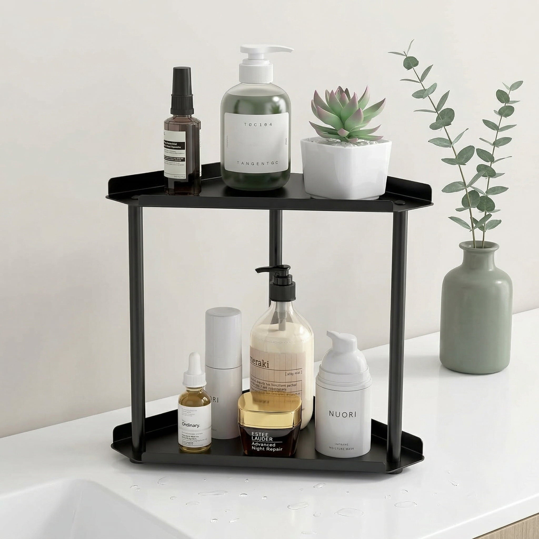 2-Tier Metal Corner Countertop Organizer, Sturdy Bathroom & Vanity Shelf with Guardrails, Space-Saving Storage for Ki...