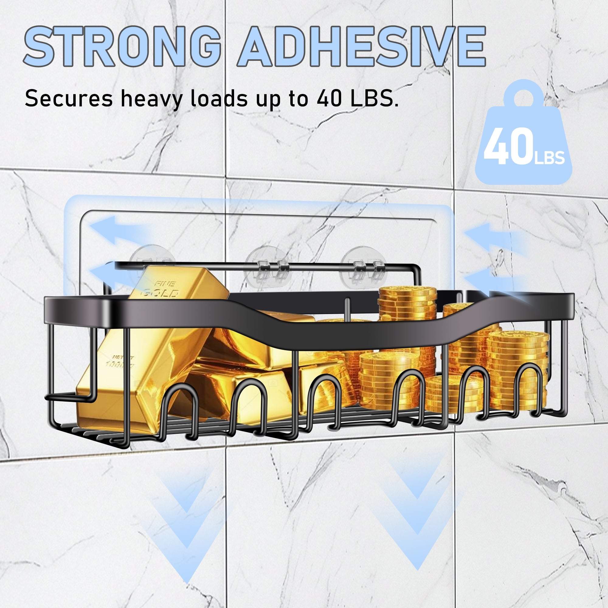5 Pack Adhesive Shelf, No Drilling Wall-Mounted Bathroom Organizers and Storage Accessories, Black - Image 3