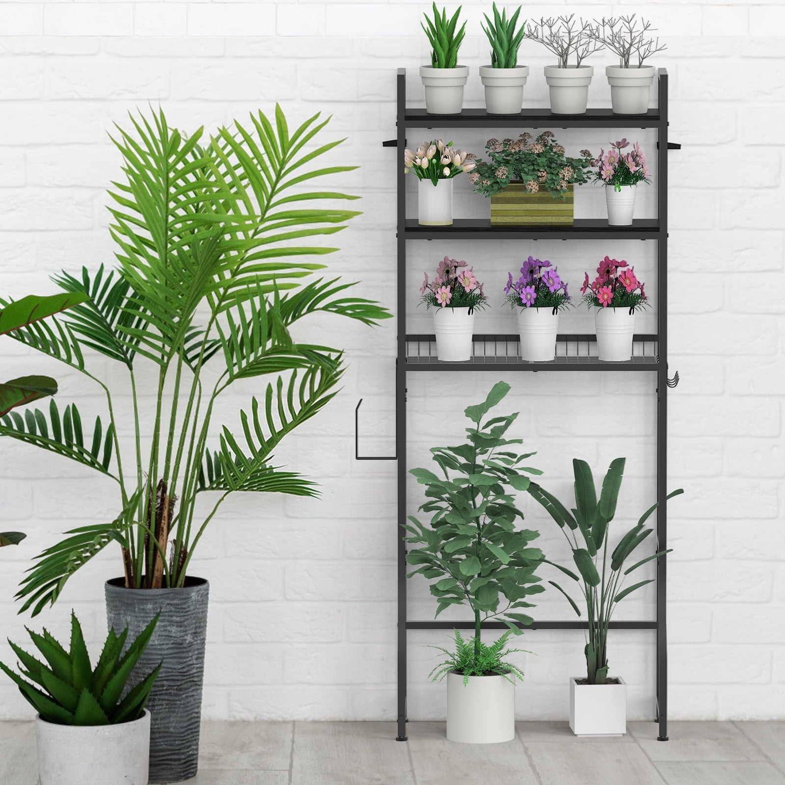 3-Tier Storage Cabinet, Black Freestanding Bathroom Organizer with 4 Hooks for Restroom and Laundry Room - Image 3