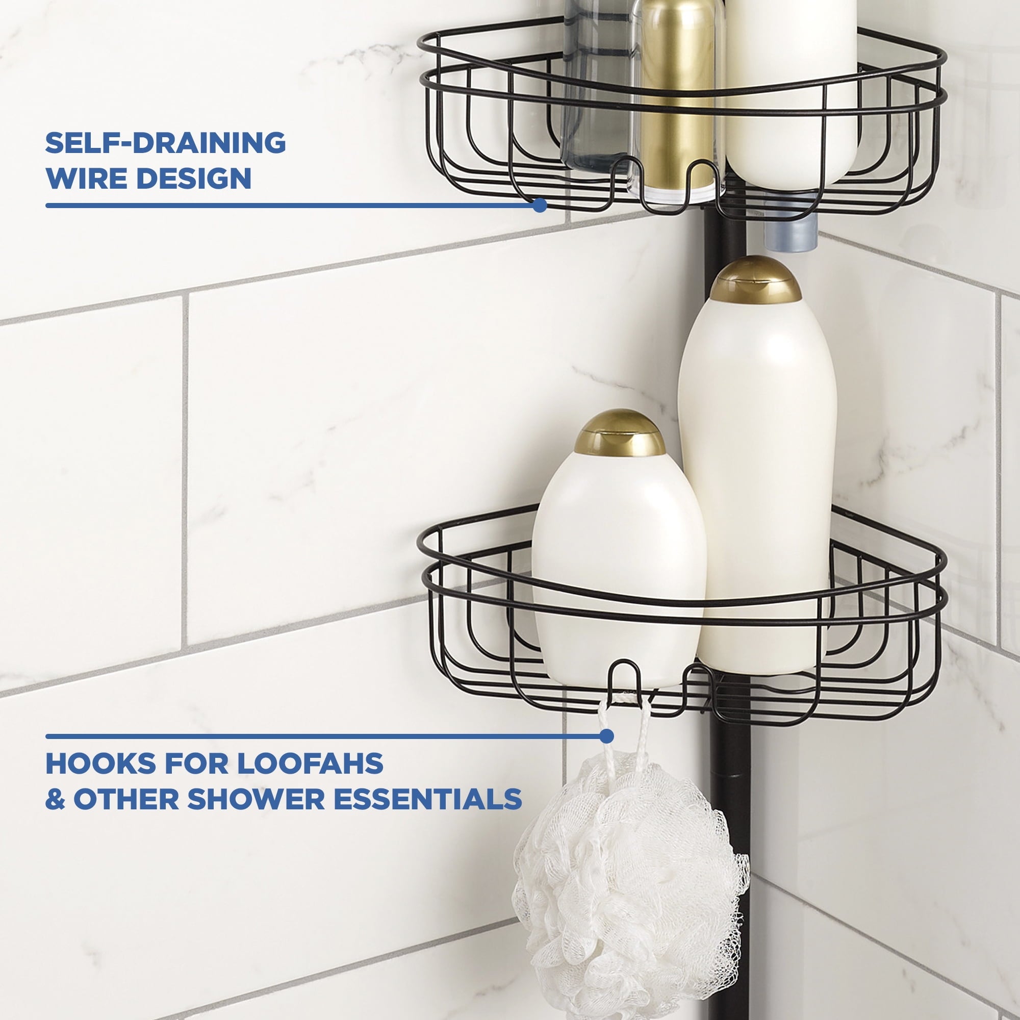 Mainstays 4-Tier Tension Pole Shower Caddy with Adjustable Baskets, Soap Tray in Oil-Rubbed Bronze - Image 3