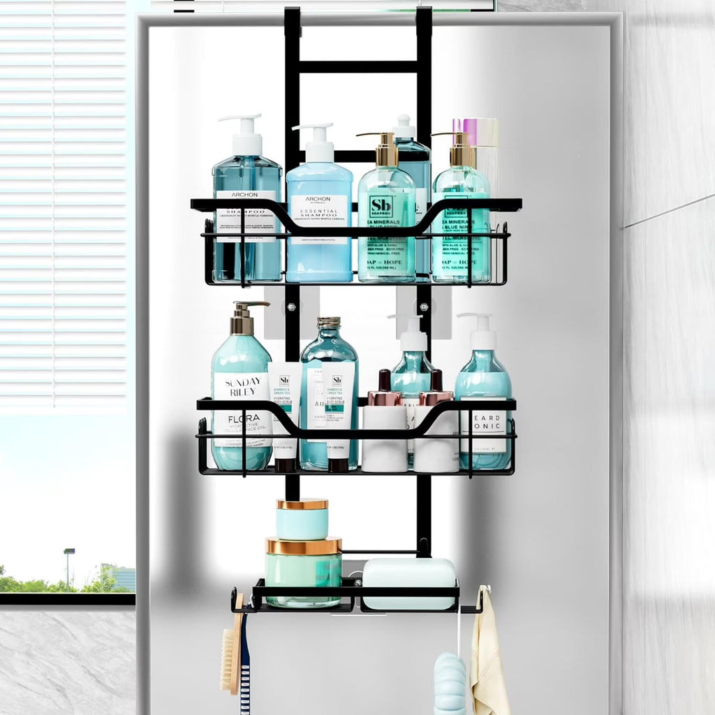 the Door 3-Tier Hanging Organizer Storage Rack Sturdy Waterproof Shelf Basket with 4 Fixed Hooks & 2 Soap Holders No ... - Image 2