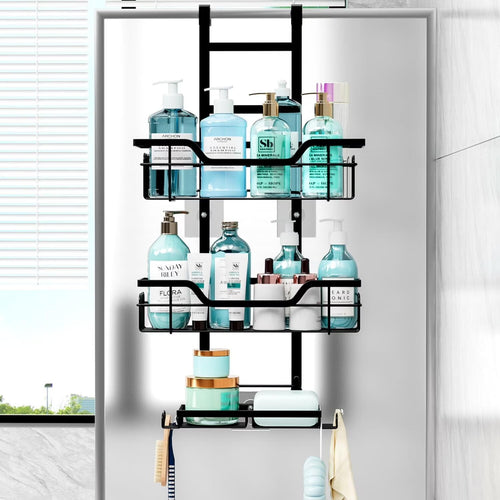 the Door 3-Tier Hanging Organizer Storage Rack Sturdy Waterproof Shelf Basket with 4 Fixed Hooks & 2 Soap Holders No ... - Image 2