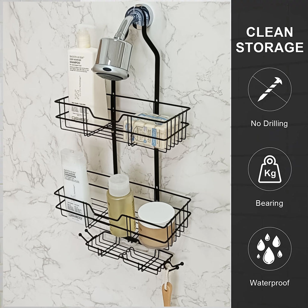 Over Head Shower Organizer, 3 Shelves Hanging Shower Caddy with Hooks, Bathroom Storage Rack for Razor Shampoo and Sponge, Rustproof, No Dri - Image 6