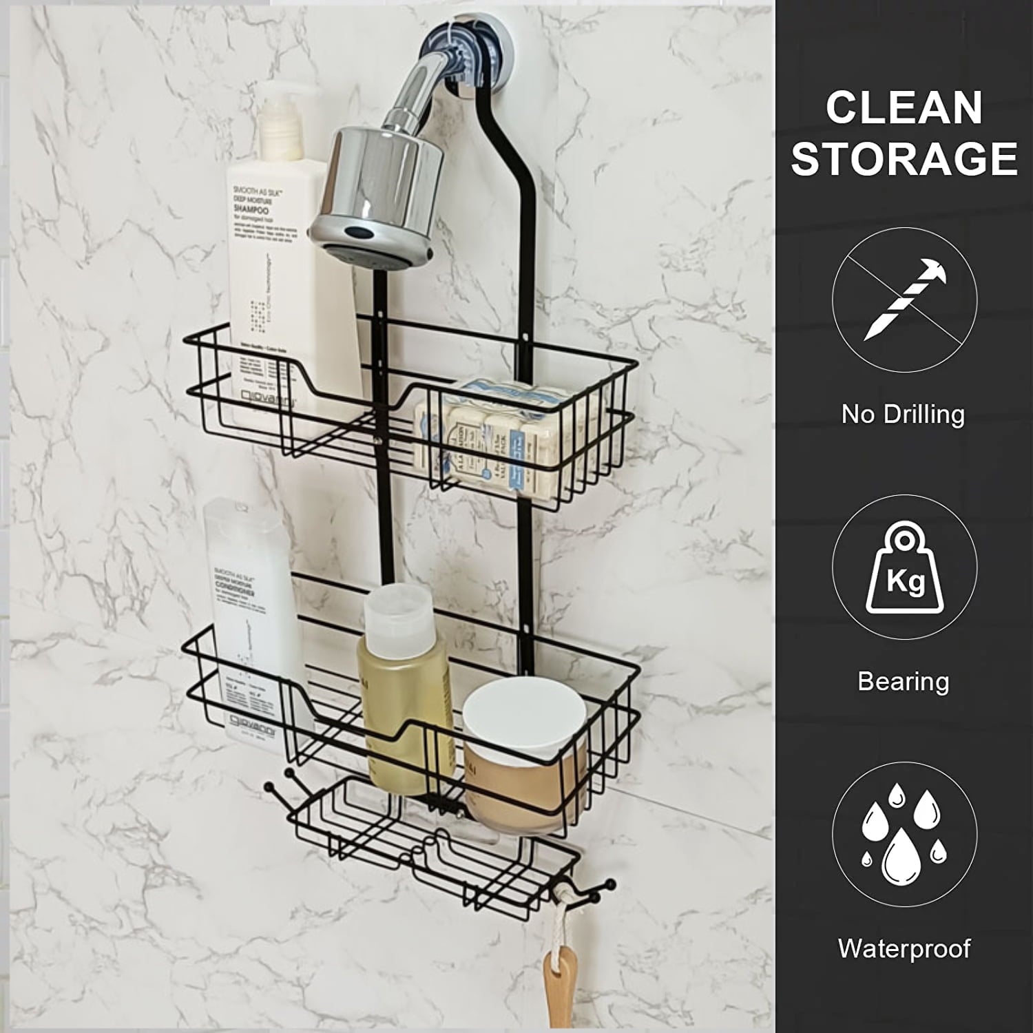 Over Head Shower Organizer, 3 Shelves Hanging Shower Caddy with Hooks, Bathroom Storage Rack for Razor Shampoo and Sponge, Rustproof, No Dri - Image 6