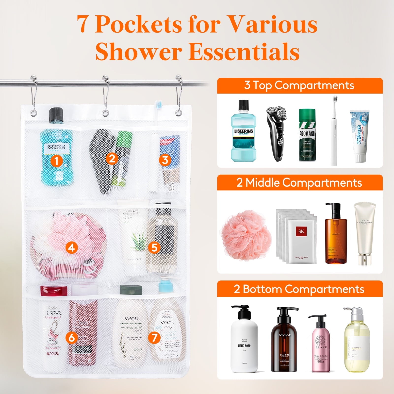 7 Pockets Hanging Organizer with Quick Drying , Portable Space Saving Bathroom Organizer to Hold Soap, Shampoo and Cr... - Image 3
