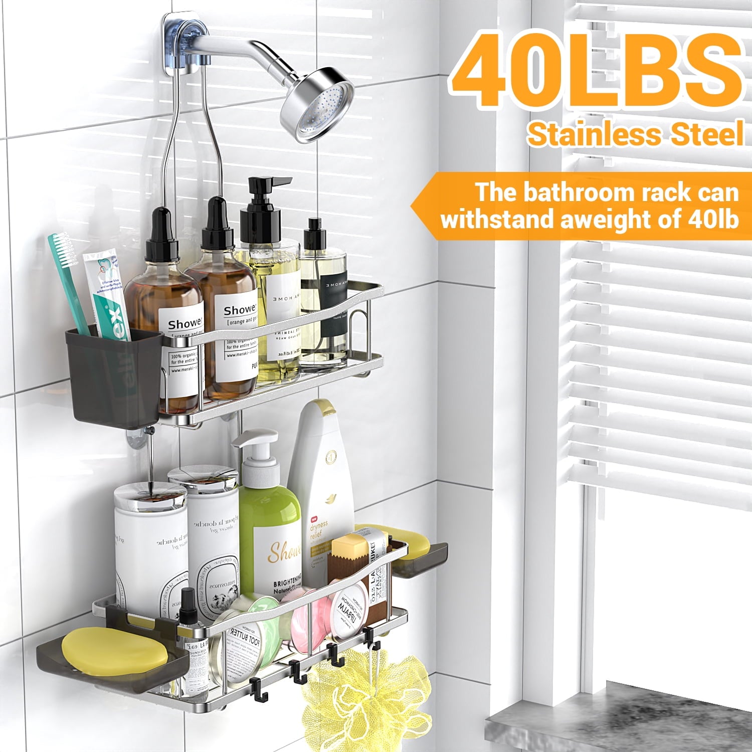 TINANA Hanging Shower Caddy, Rustproof Shower Shelf Racks Over Shower Head - No Drilling Bathroom Organizer for Shampoo with Soap Holder-Sil - Image 6