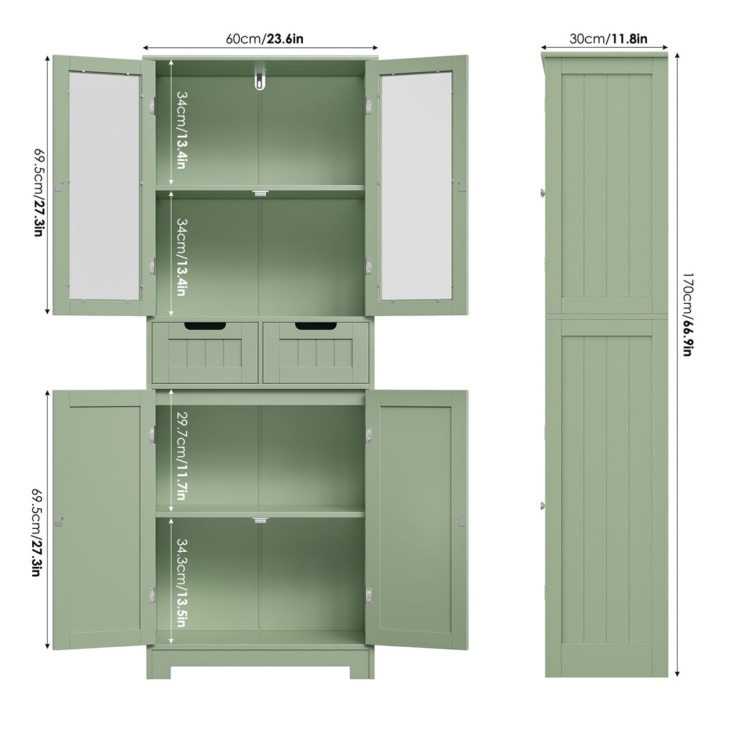 Homfa Bathroom Cabinet, 3-Tier Wood Tall Linen Storage Cabinet with 2 Drawers and 4 Doors for Living Room Office, Green - Image 2