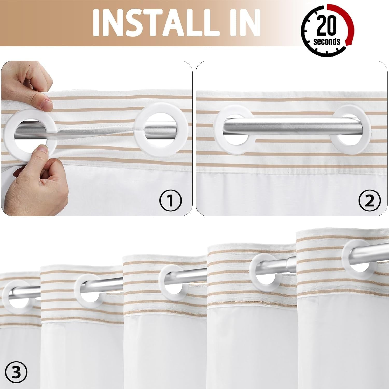 Curtain with Snap in Liner Set Cotton and Linen Blend Curtain for Bathroom Boho Farmhouse Beige Striped 75" L x 72" W - Image 6