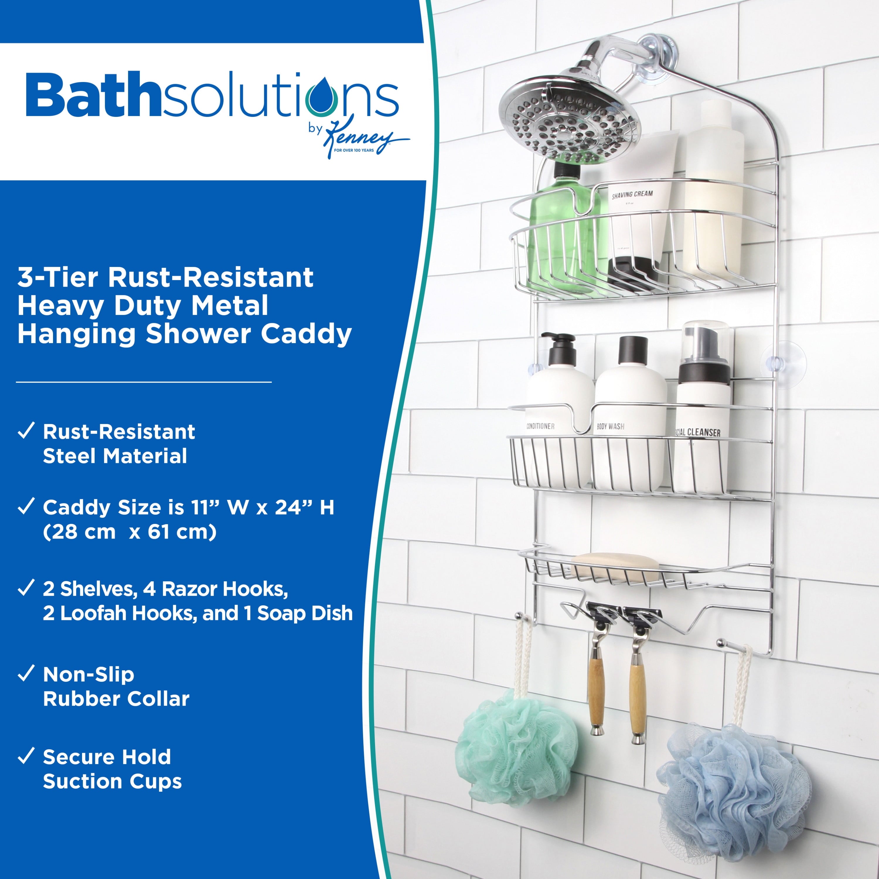 Heavy Duty 3-Tier Large Hanging Shower Caddy with Suction Cups and Four Razor Holders, Chrome - Image 2