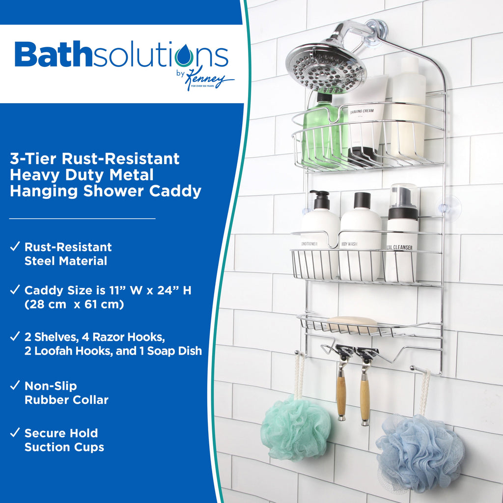 Heavy Duty 3-Tier Large Hanging Shower Caddy with Suction Cups and Four Razor Holders, Chrome - Image 2