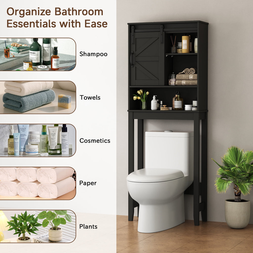 Over the Toilet Storage Cabinet, Bathroom Space Saver Organizer with Sliding Barn Door, Anti-Tipping Design, Waterproof, Adjustable Shelves - Image 4