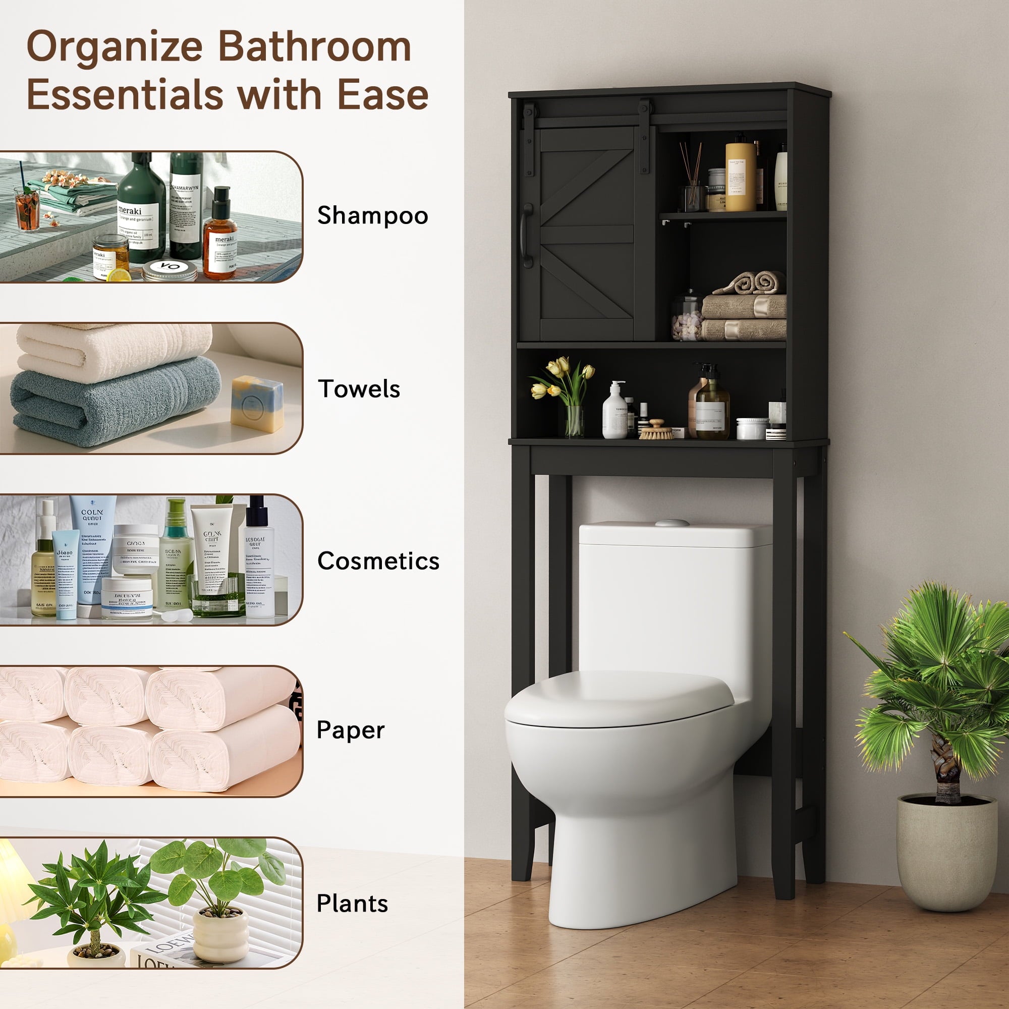 Over the Toilet Storage Cabinet, Bathroom Space Saver Organizer with Sliding Barn Door, Anti-Tipping Design, Waterproof, Adjustable Shelves - Image 4