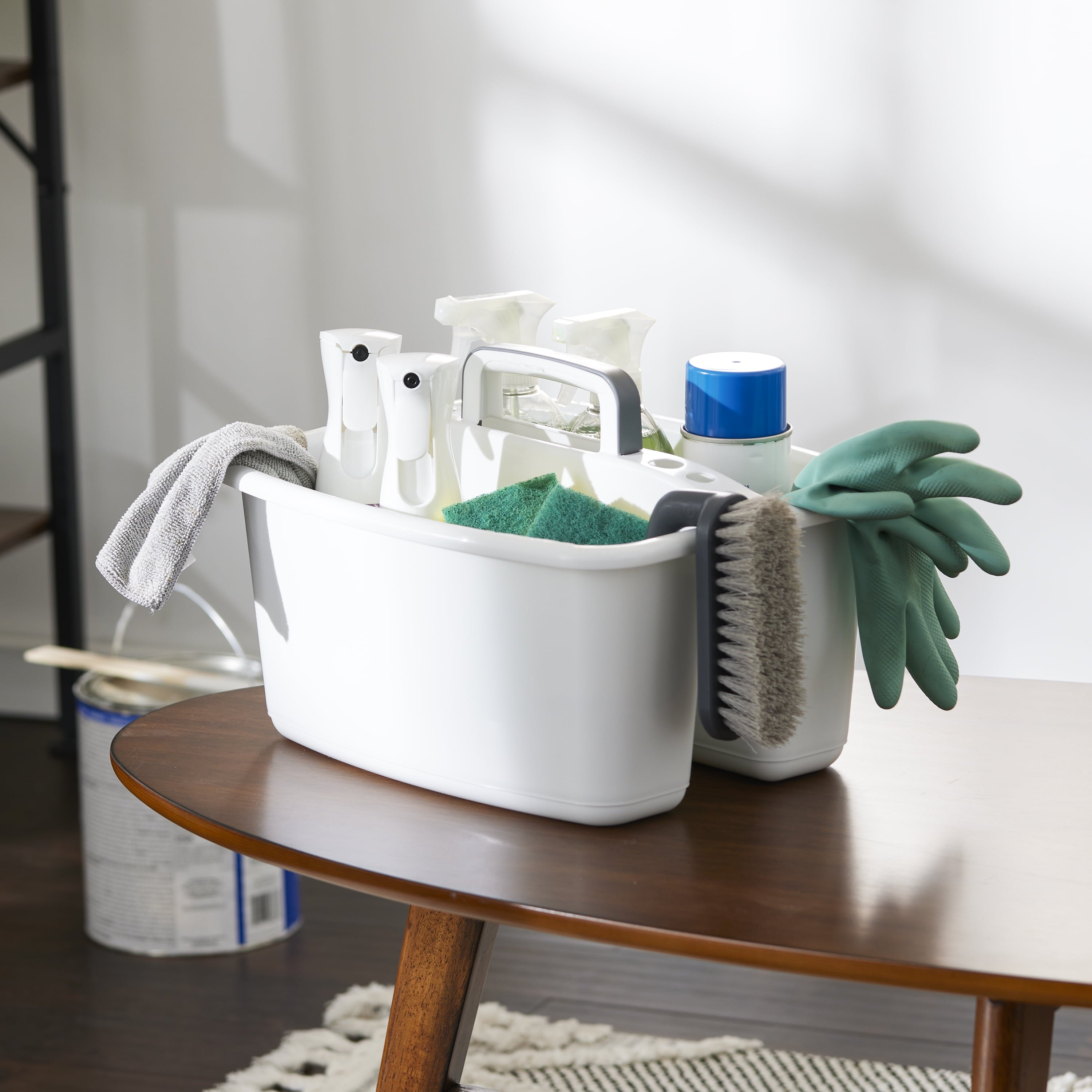 Large Home Divided Storage Tote Caddy, White W/Gray Carry Handle - Image 4