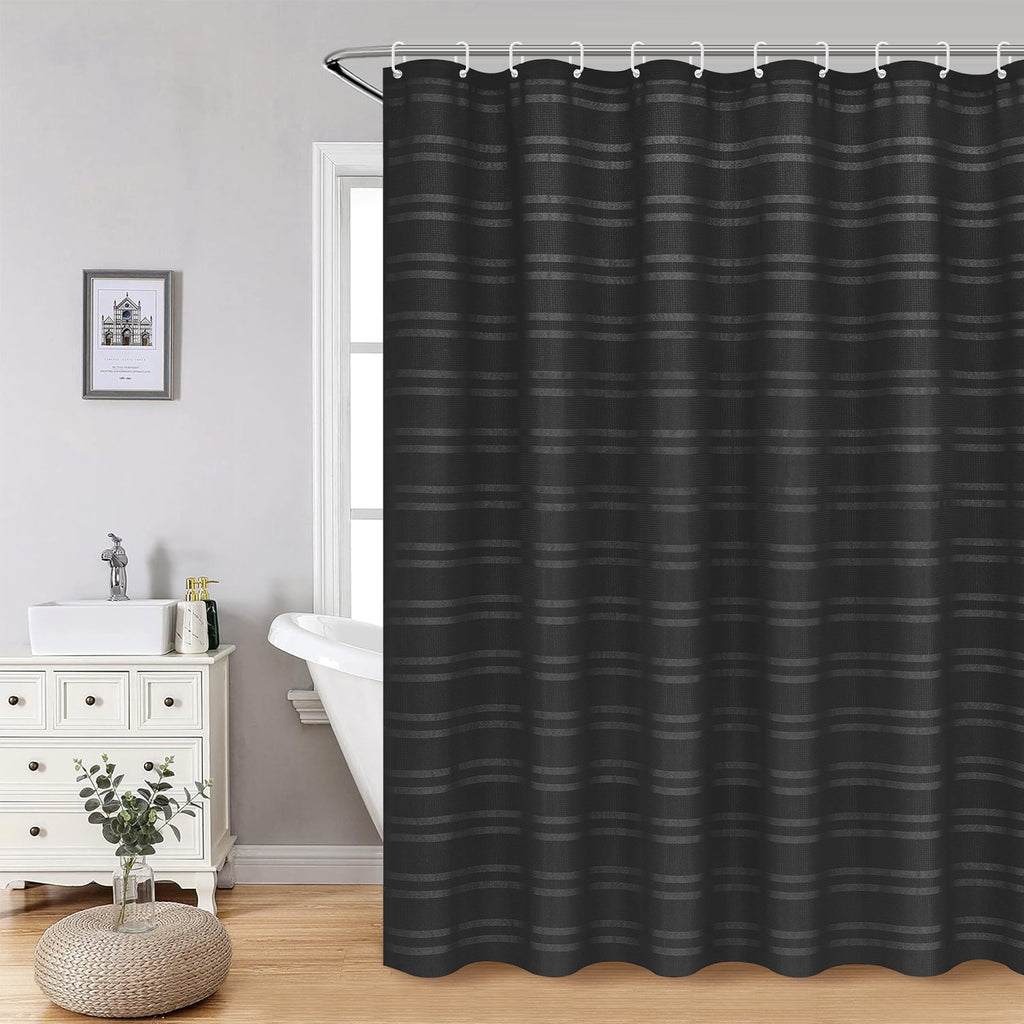 Weave Shower Curtain Sets with Rug, 14-Piece Striped Fabric Bathroom Sets with Hooks, Hotel Grade, Waterproof & Washa... - Image 3