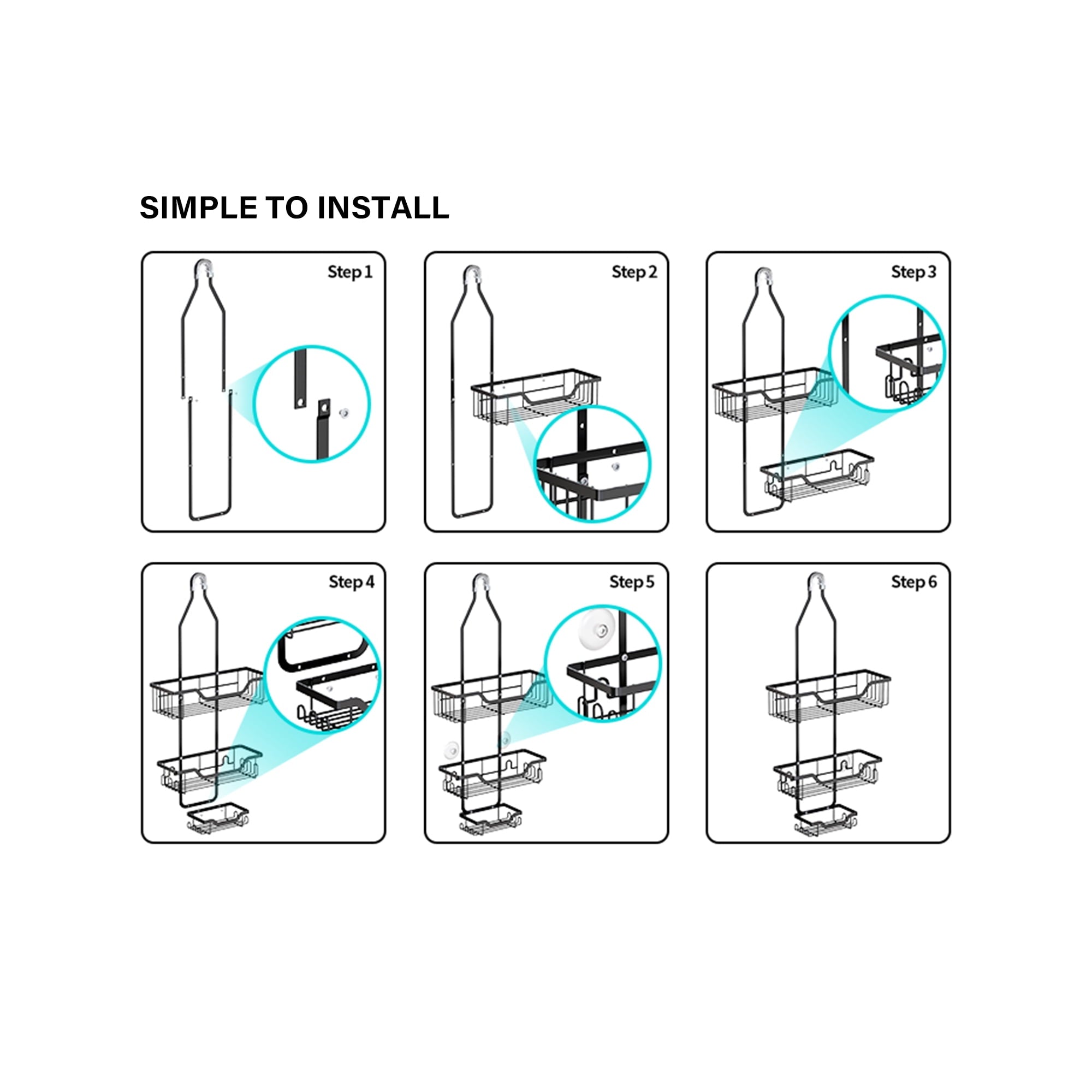 Junjian Hanging Shower Caddy, Anti-Swing Shower Organizer with 10 Hooks, Stainless Steel Shower Shelves, over the Shower Head Bathroom Stora - Image 2