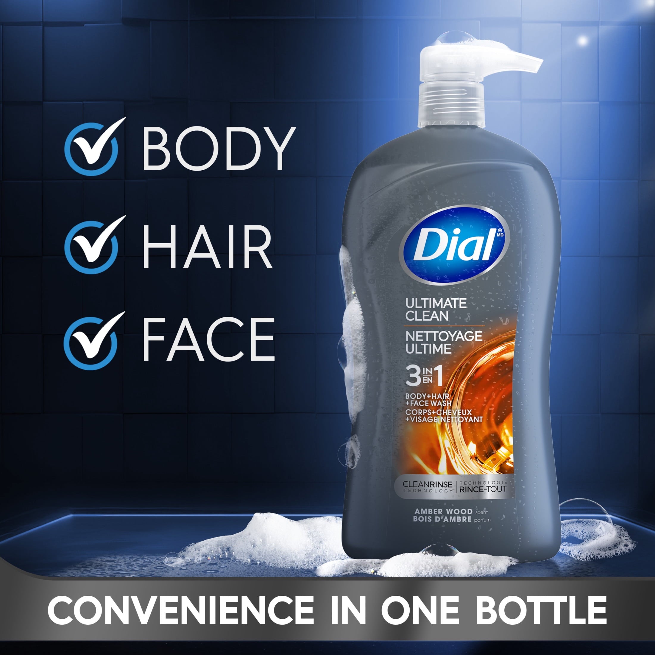 3-in-1 Men's Body Wash for Body, Hair & Face, Amber Wood Scent, 32 oz - Image 3