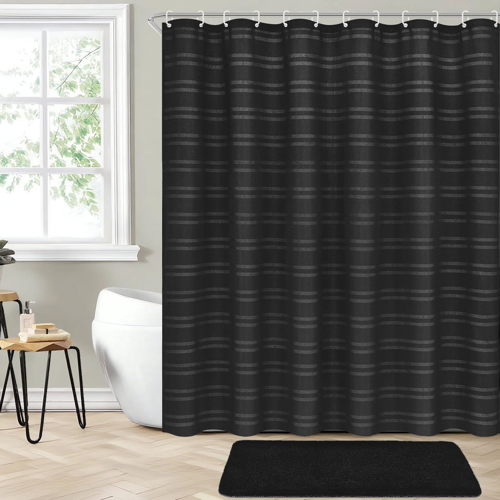 Weave Shower Curtain Sets with Rug, 14-Piece Striped Fabric Bathroom Sets with Hooks, Hotel Grade, Waterproof & Washa... - Image 2