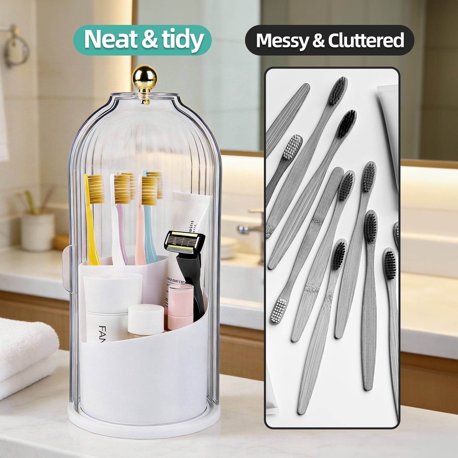 with Sliding Lid, Rotating 3 Slots Bathroom Organizer Countertop, Tooth Brush Toothpaste Holder Bathroom Counter Stan... - Image 5