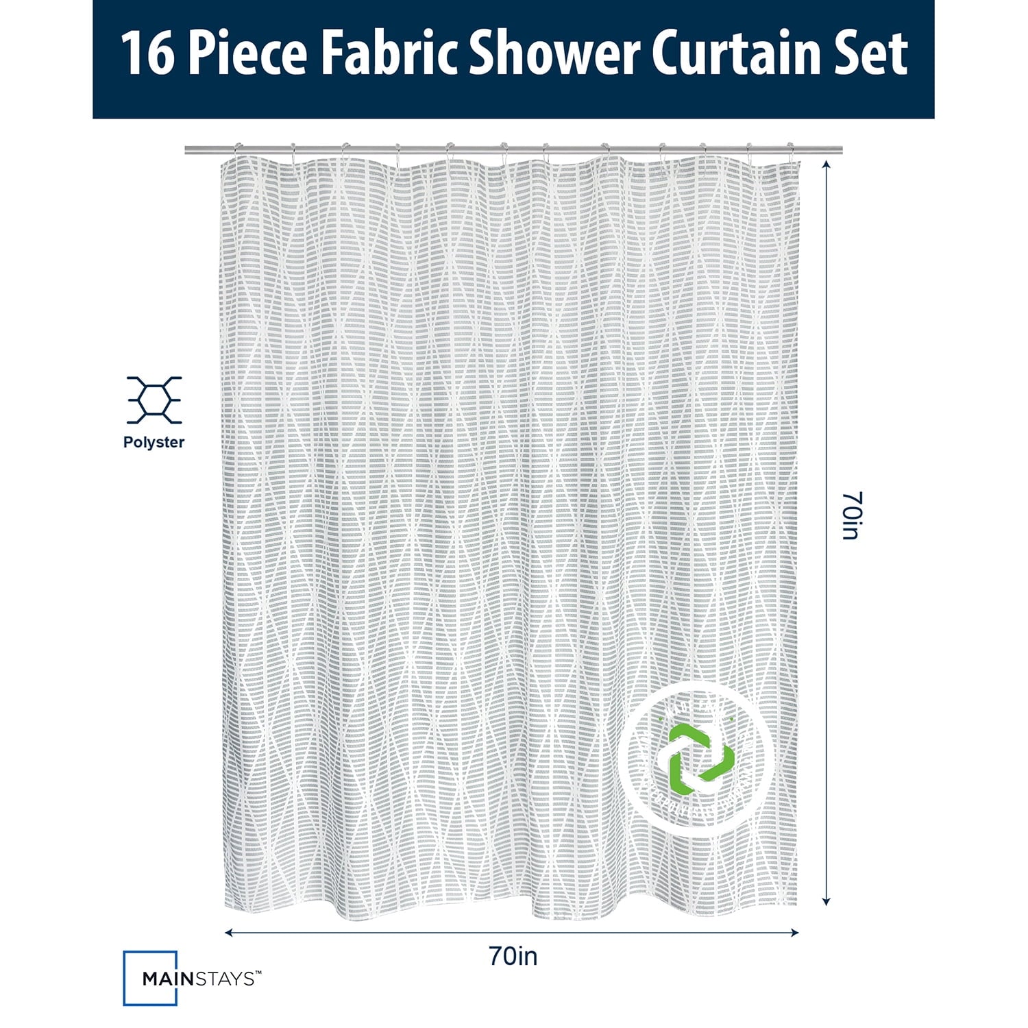 16-Piece Grey Diamond Geo Shower Curtain Bathroom Set Fabric Curtain with Rug, Hooks, Soap Dispenser & Tray - Image 6