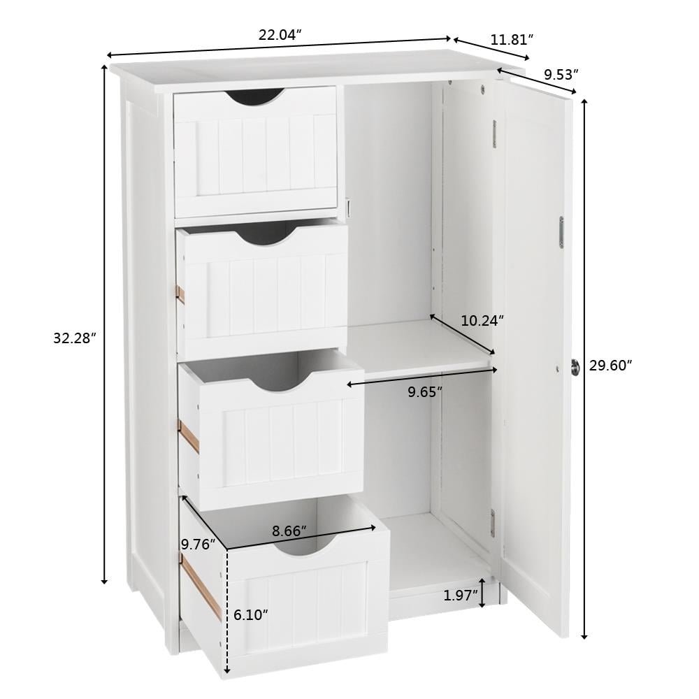 Wooden Bathroom Floor Cabinet, Side Storage Organizer with 4 Drawers, 1 Cupboard & 2-Shelves, White - Image 4