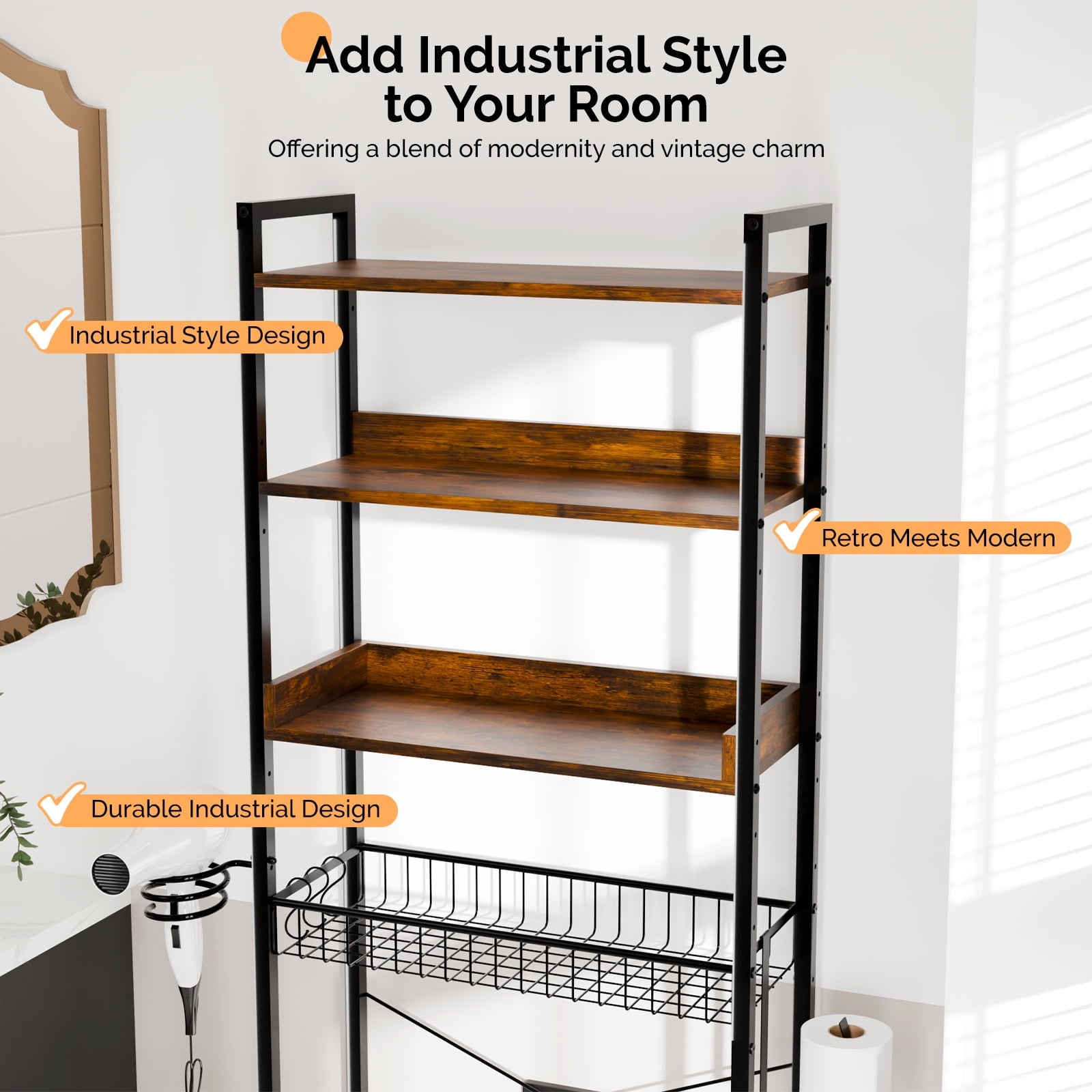 3-Shelf The Toilet Bathroom Storage Rack and Shelf with with Wire Baskets, Tissue Hook and Hairdryer Holder, Rotten -... - Image 5
