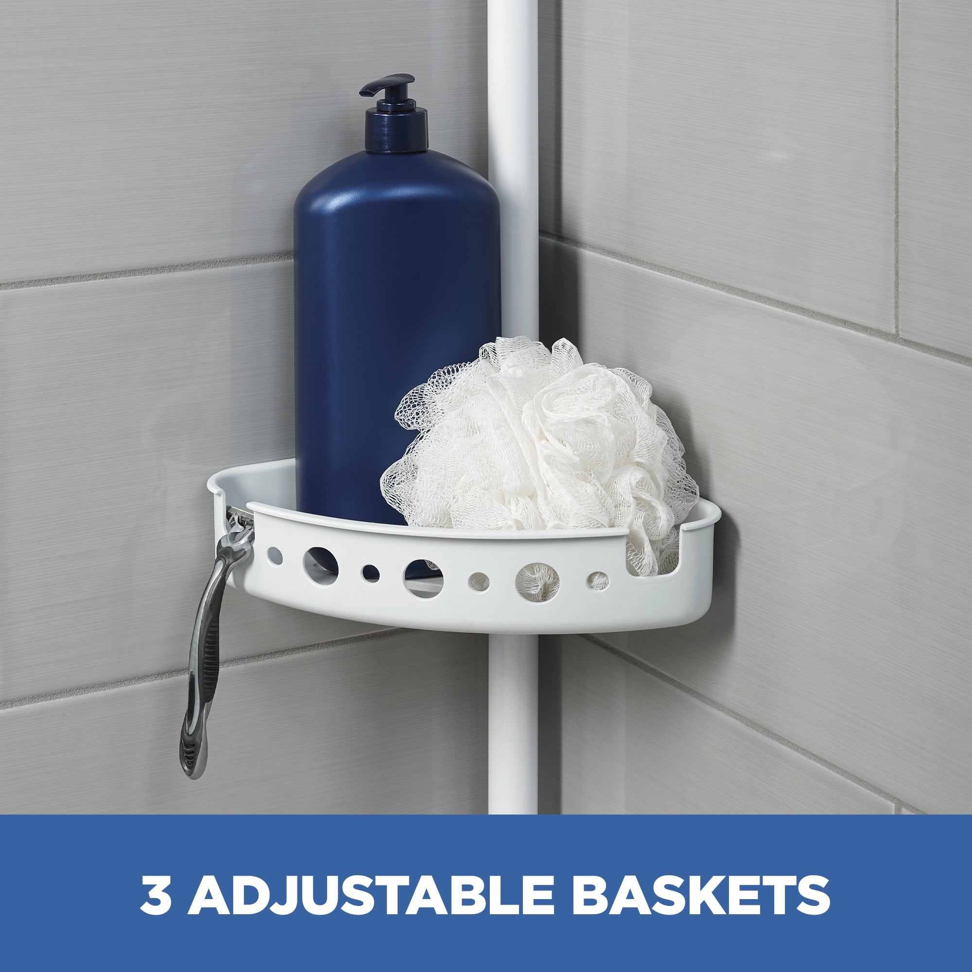 Mainstays Adjustable Tension Steel Shower Pole Caddy, 3 Shelves, White, 60" - 96" - Image 4