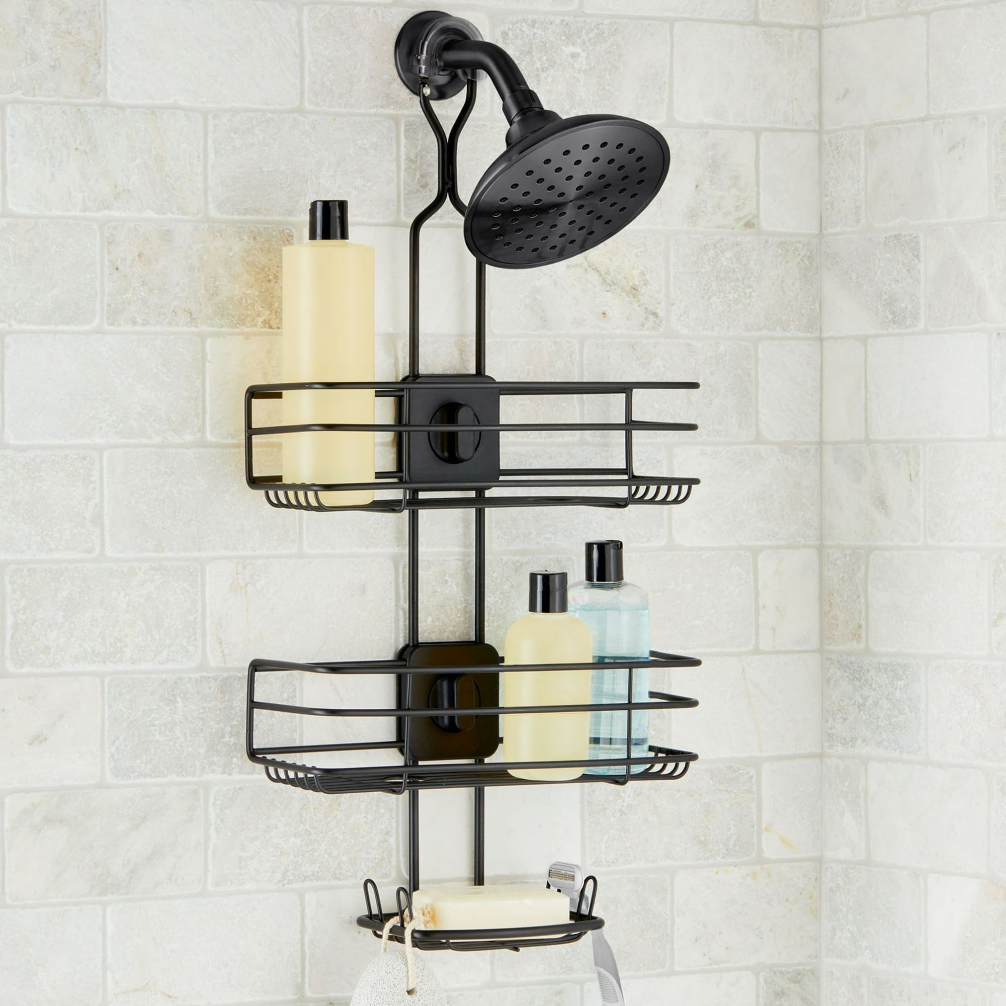 4-Way Adjustable Steel Shower Caddy, with 2 Shelves and Soap Dish, Black - Image 2