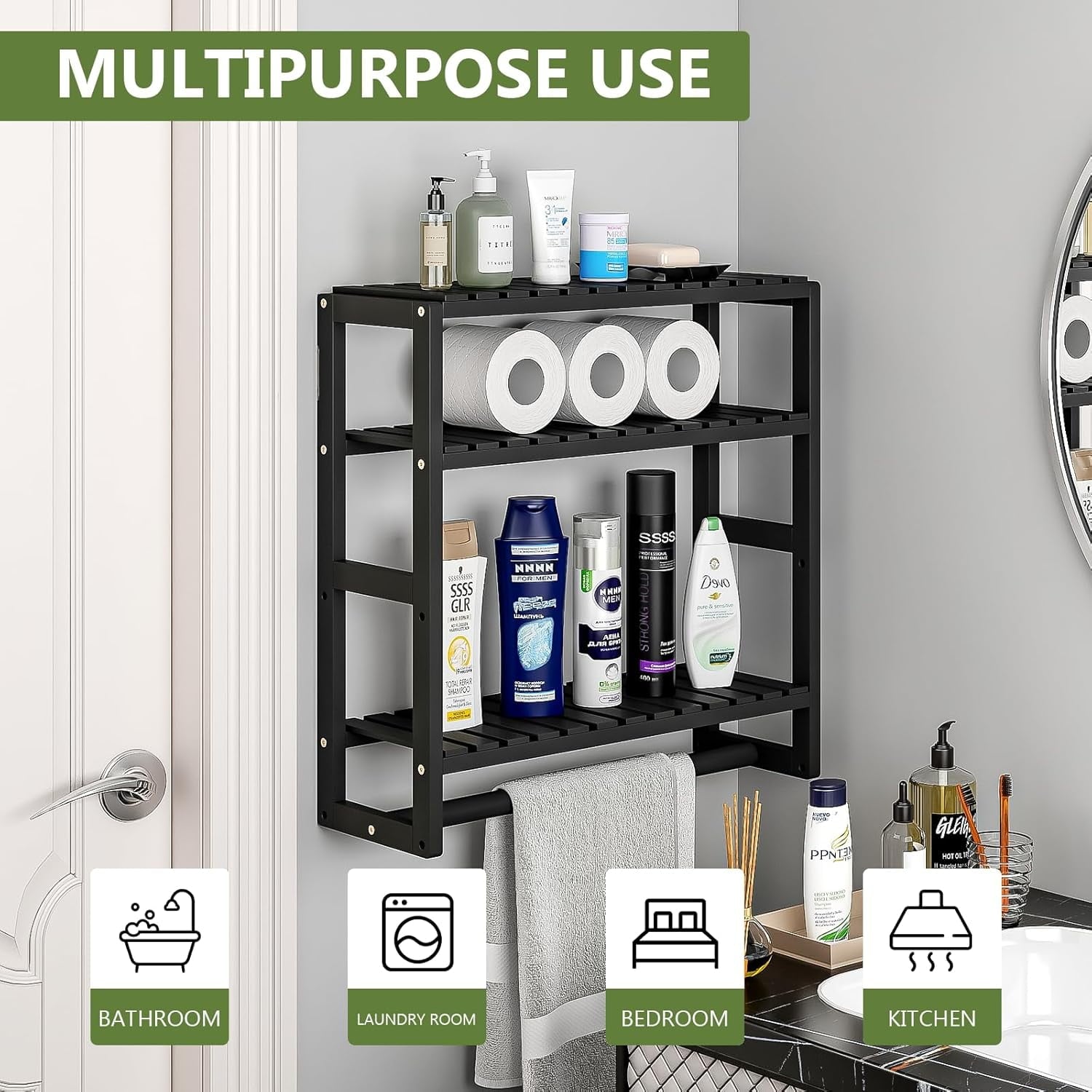 Bamworld Over the Toilet Storage Rack, 3 Tier Bathroom Organizer Shelf Over Toilet, Freestanding Space Saver Toilet Stands Floating Shelves - Image 3