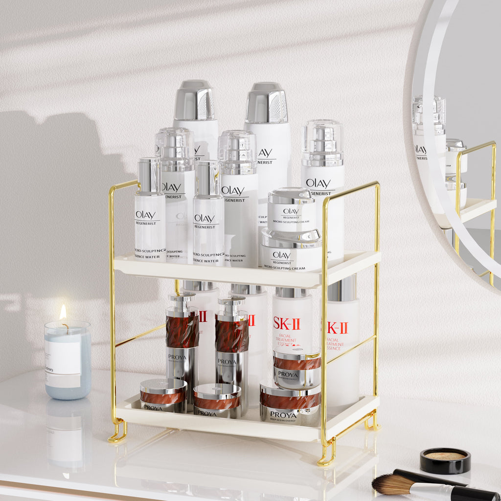 2-Tier Bathroom Countertop Organizer, Kitchen Spice Rack or Makeup Skin Organizer Vanity Bedroom Storage Tray (Gold) - Image 5