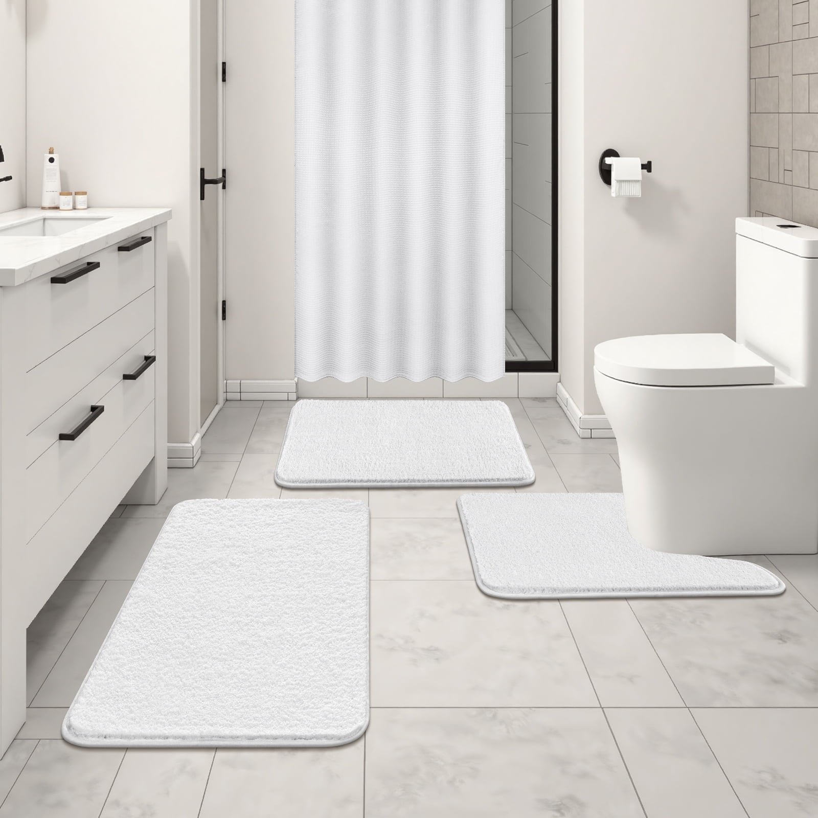 ‌Ileading 16-Piece Shower Curtain Set with Rugs, Waterproof Waffle Shower Curtain & Soft Non-Slip Bath Rugs with 12 Hooks, White Bathroom Se - Image 5