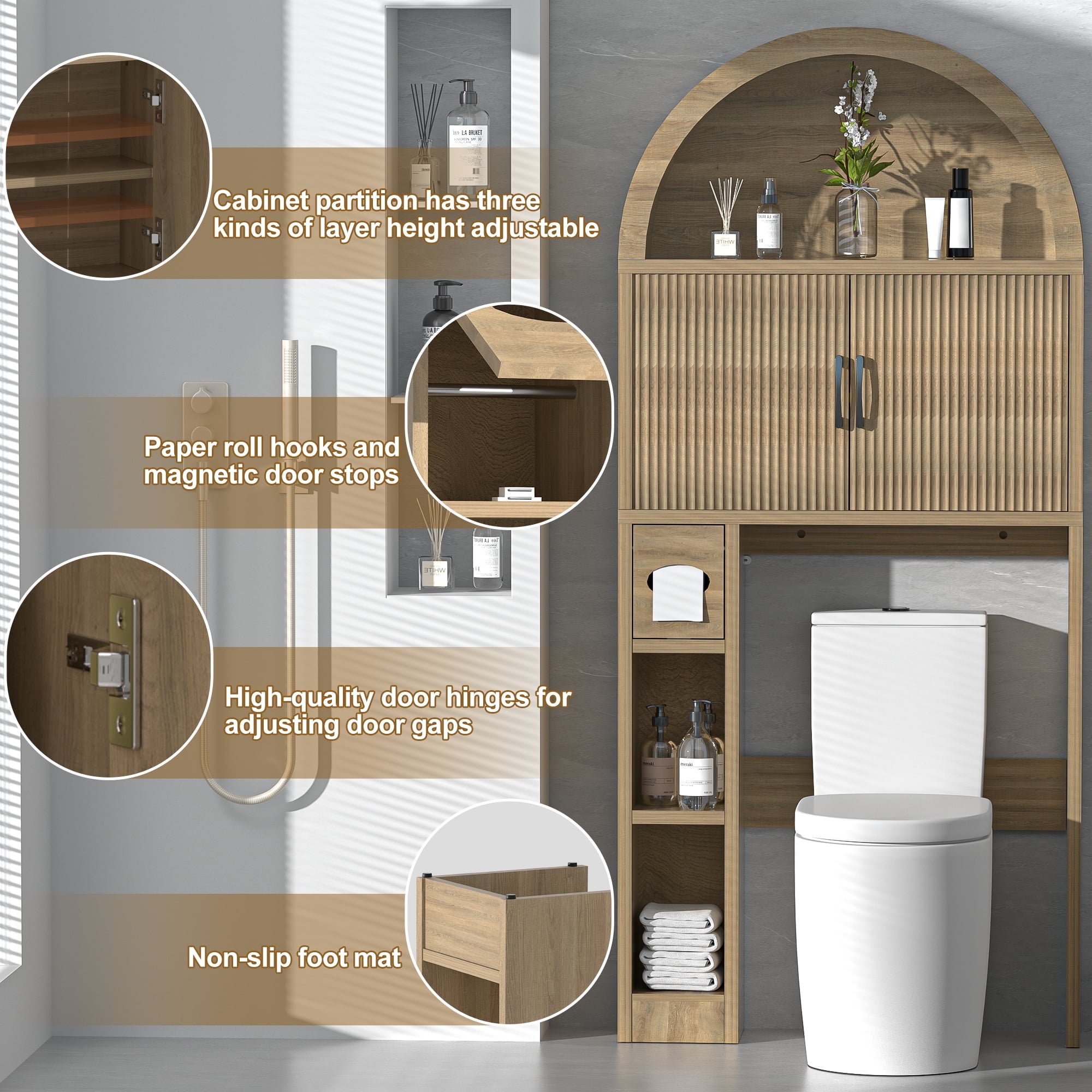 HARIPUL Over The Toilet Storage Cabinet w/ Unique Wood Grain & Arc Design, Freestanding Bathroom Shelf Organizer Space Saver w/ Doors & Anti - Image 5