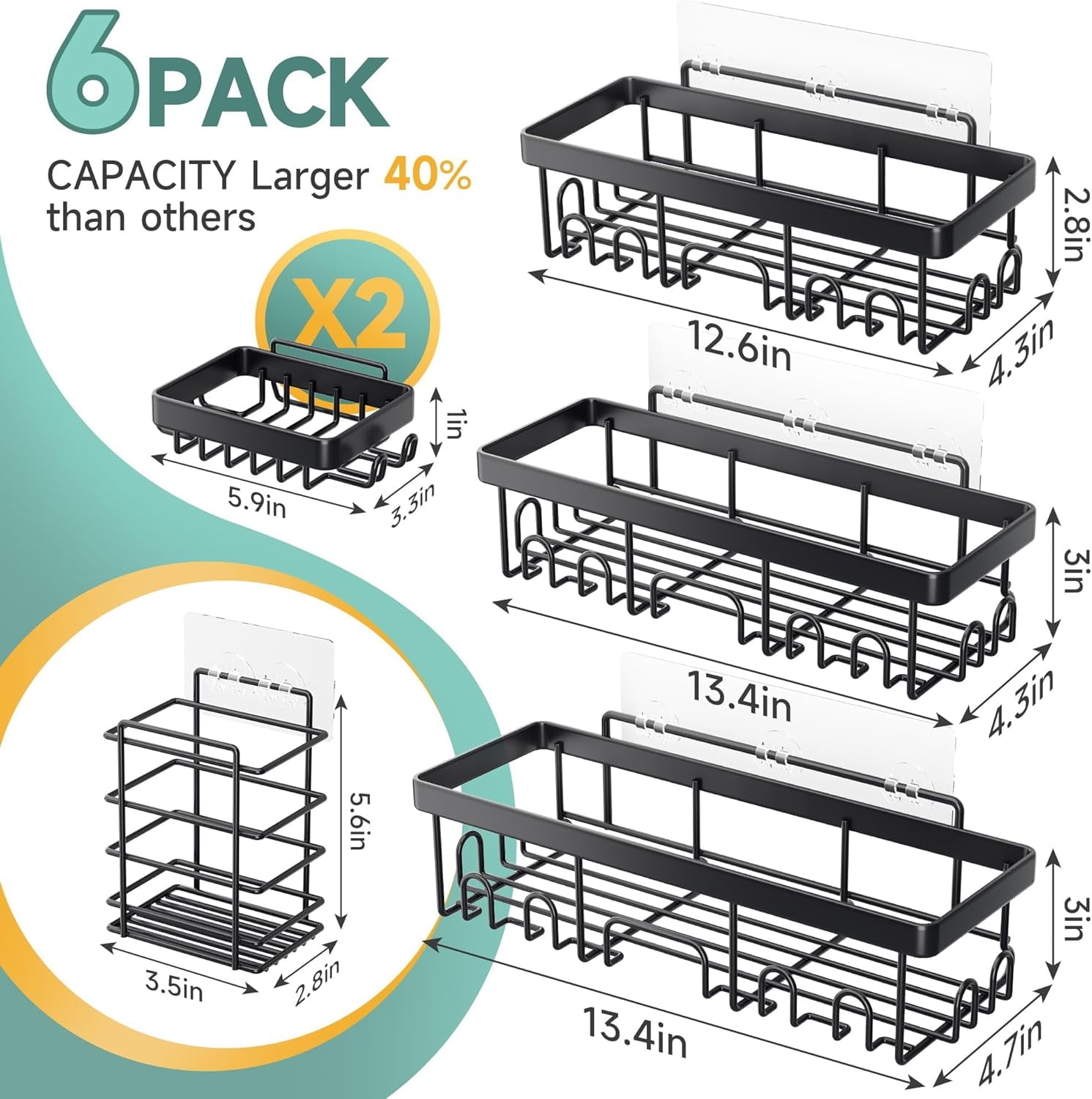 Caddy 6 Count, Large Capacity Bathroom Organizers and Storage, No Drilling Wall-Mounted Basket, Black - Image 2