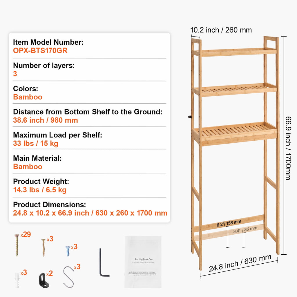 Bathroom Storage Above Toilet, 3-Level Adjustable Bamboo Organizer, Shelf Rack with Trio Hooks, Standalone Simple Set... - Image 3