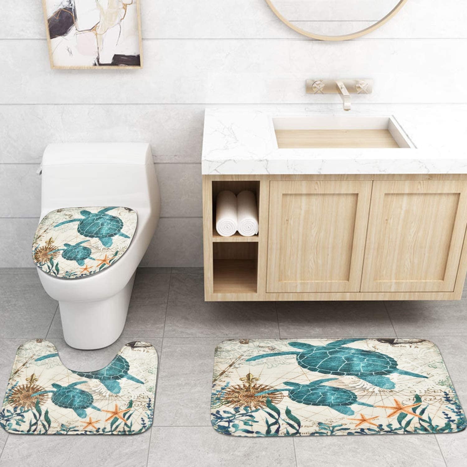 Shower Curtain and Rug Sets, 16 Pc Blue Ocean Creature Landscape Bathroom Sets, Waterproof Fabric Shower Curtain with... - Image 4