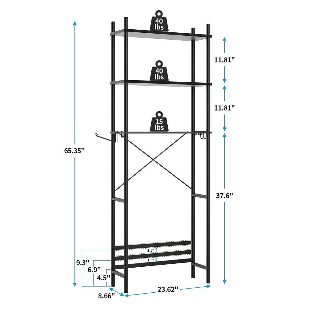 3-Shelf the Toilet Storage, Freestanding Wooden Bathroom Organizers and Storage Shelf, Metal Frame, Space Saver, Black - Image 2
