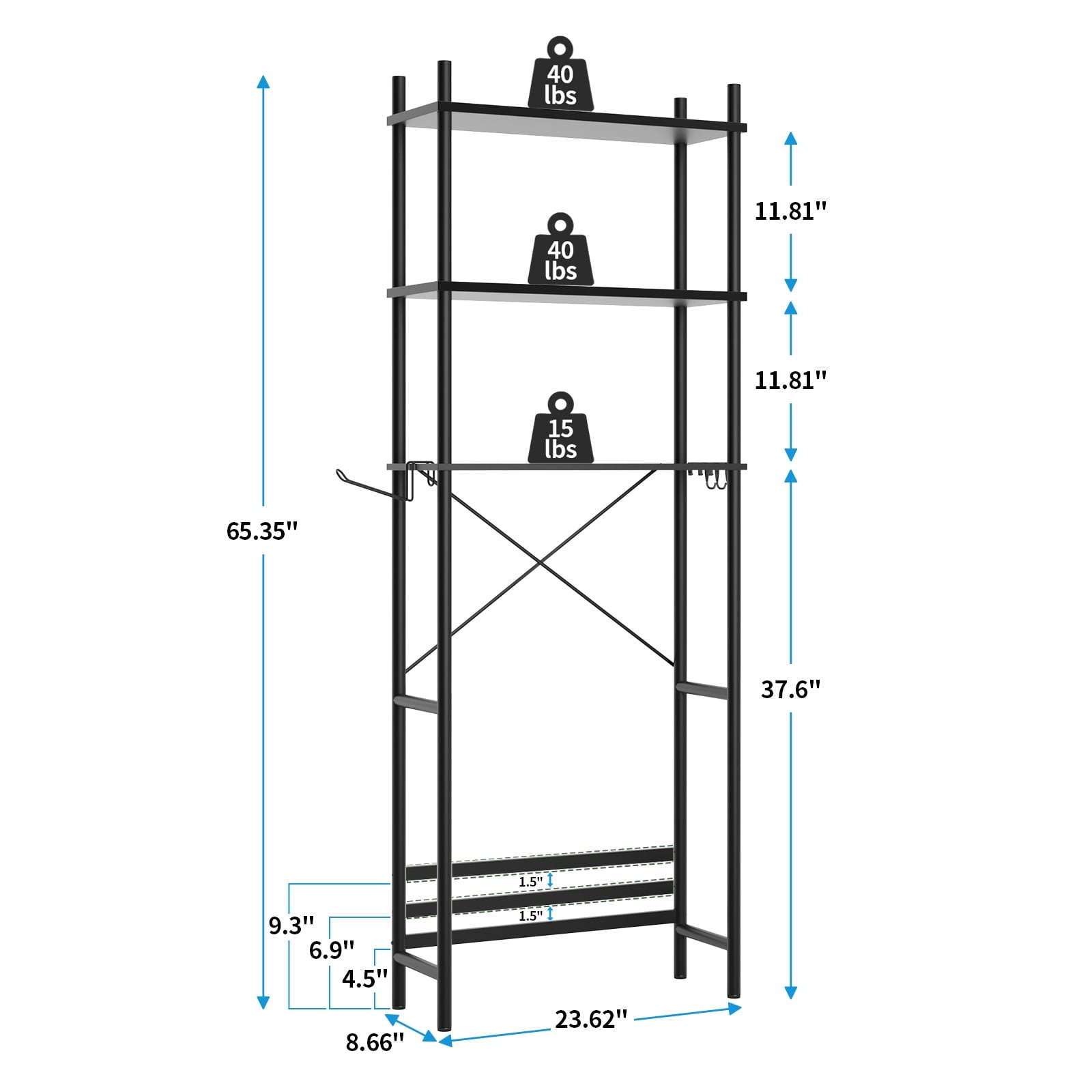 3-Shelf the Toilet Storage, Freestanding Wooden Bathroom Organizers and Storage Shelf, Metal Frame, Space Saver, Black - Image 2