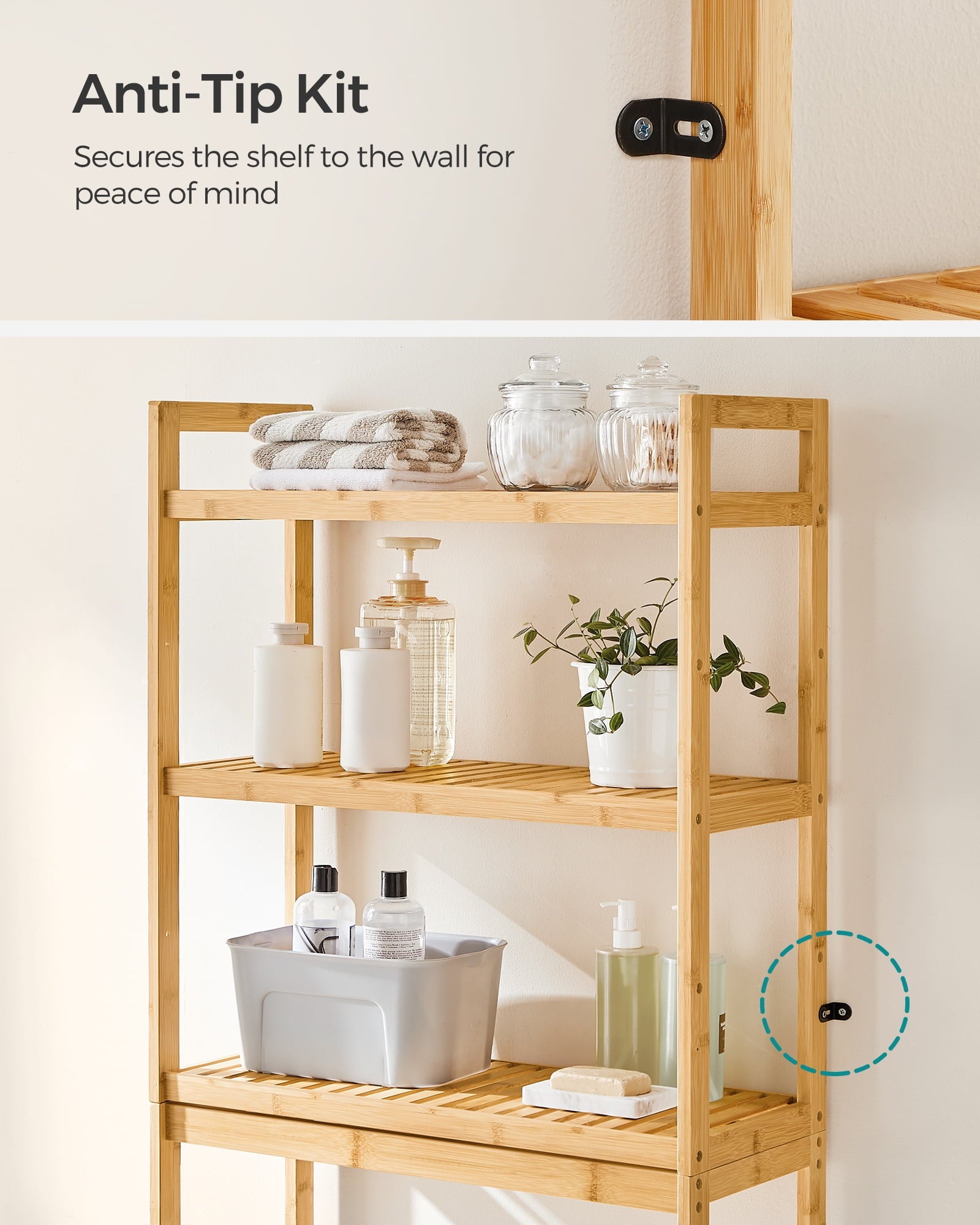 3-Tier The Toilet Storage Bamboo Toilet Shelf Bathroom Storage Organizer with Adjustable Shelf Natural - Image 2