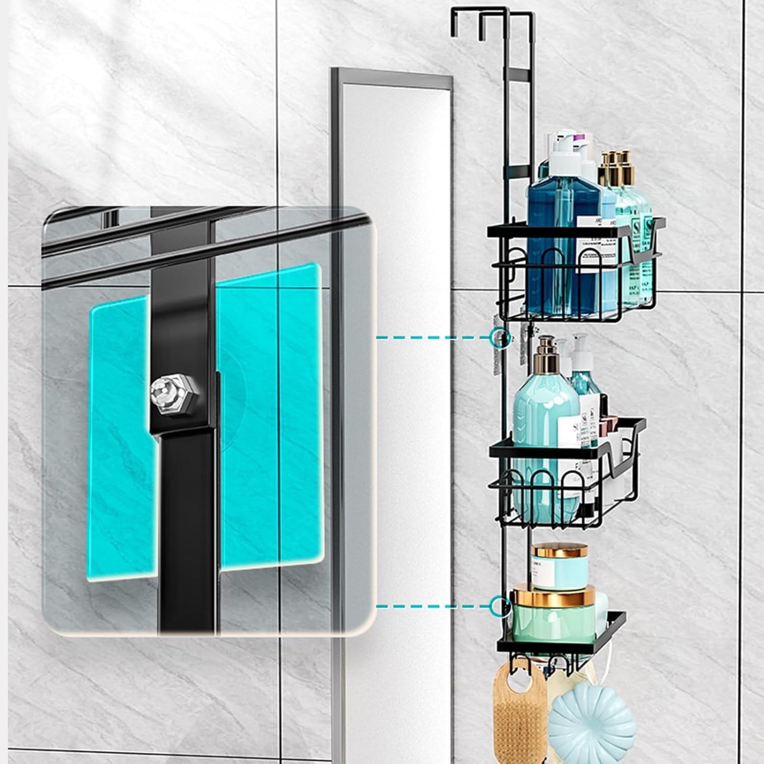 3-Tier Over The Door Shower Caddy, Large Capacity Hanging Bathroom Organizer, Space Saving Storage Rack for Shampoo Conditioner Body Wash - Image 6