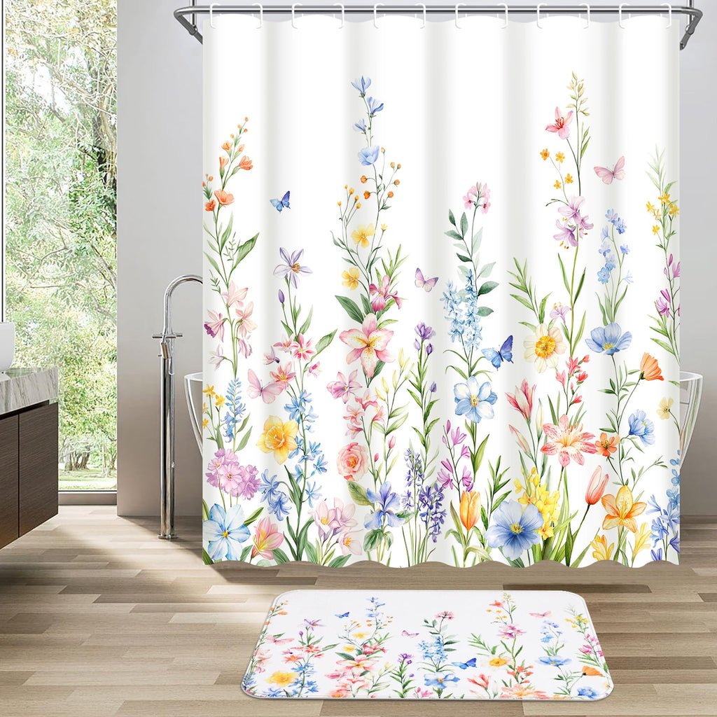 FRAMICS 16-Piece Floral Shower Curtain Sets with Rugs, Watercolor Wildflower Bathroom Sets with Hooks, Waterproof Fabric Bathroom Curtain, M - Image 3