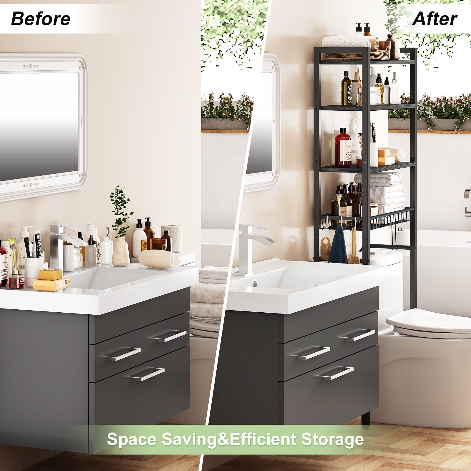 Biemlerfn Over The Toilet Storage Shelf, 4-Tier Wooden Bathroom Organizer Adjustable Saver Space Rack with Toilet Paper Holder, Classic Blac - Image 5