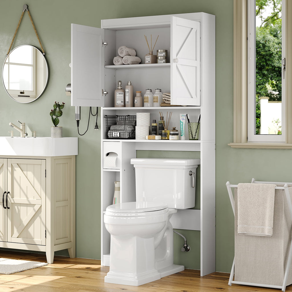 The Toilet Storage Cabinet with Barn Doors, Farmhouse Bathroom Toilet Shelf Space Saver with Toilet Paper Holder, White - Image 3